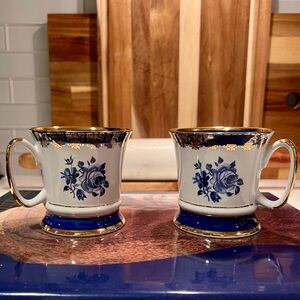 Pair of Amfora Bohemia Czech Porcelain Mugs – 3.5” Blue Rose, Cobalt & Gold Trim